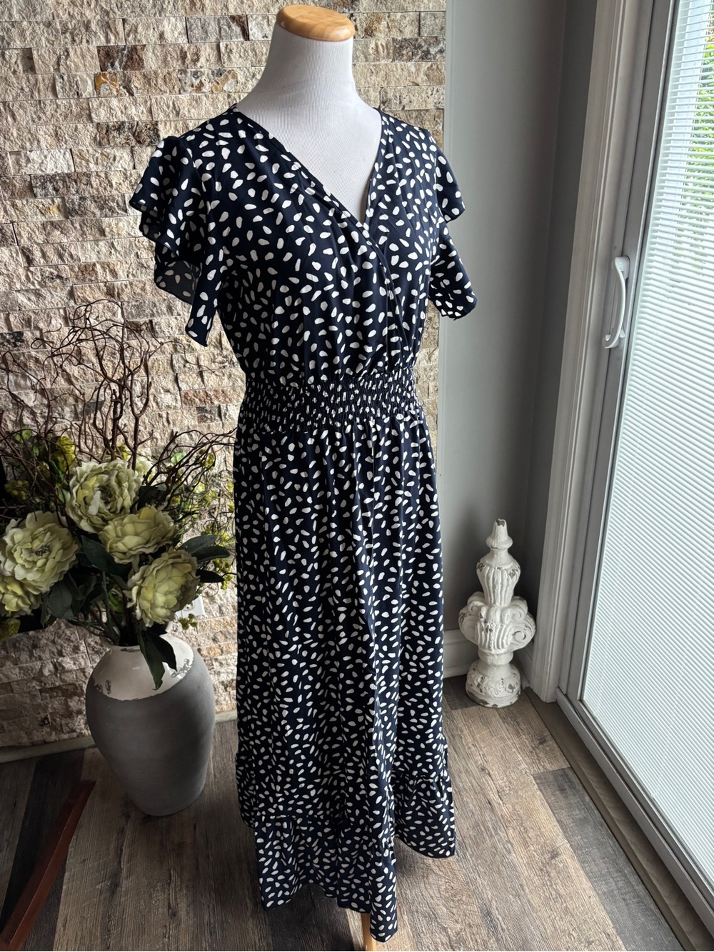 Smocked-Waist Navy & White Printed Maxi Dress